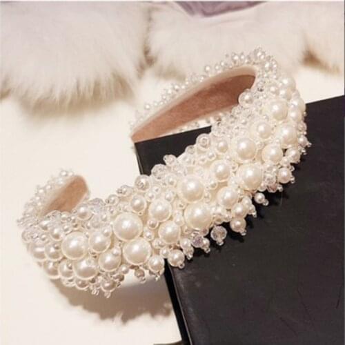 New Elegant Ins Fashion Crystal Beaded Rhinestone White Pearl Headband Wide Cross Hairband for Women Hair Accessories