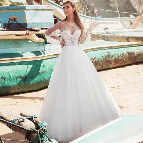 Gorgeous Tulle Bateau Neckline A-line Wedding Dresses With Imitation Pearls Long Sleeves Bridal Dress vestidos novias boda