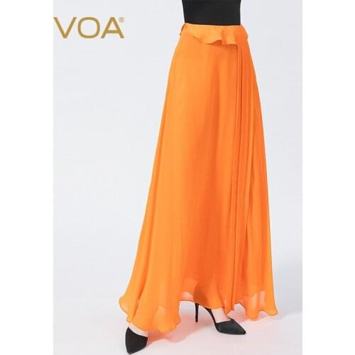 VOA Silk Georgette Orange Natural Waist Jacquard Bump Splicing Bright Fold Youthful Vitality Summer Long Skirts for Women CE108