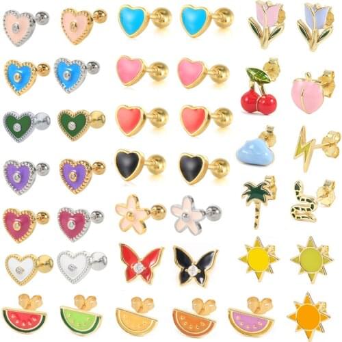 2021 Trend Stud Earrings 925 Sterling Silver Earbone Buckle Colorful Enamel Heart Shape Mini Piercing Earring For Women Jewerly