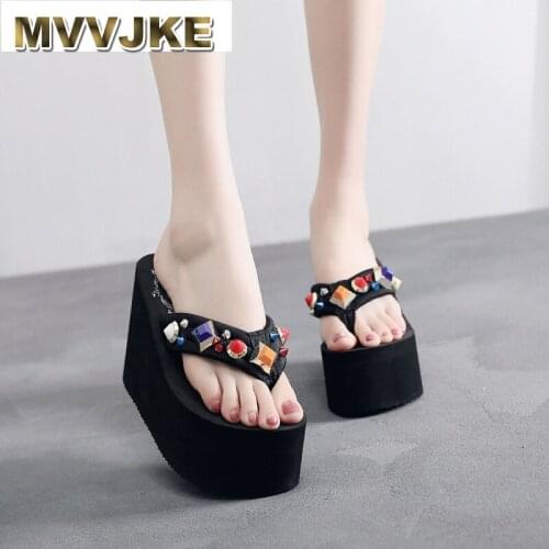 MVVJKE Super high heels color diamond flip flops large size pantoufle femme comfortable wedges wear sandals slippers women Beach