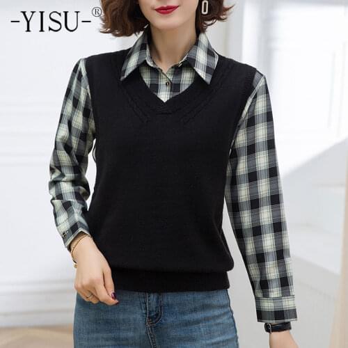 YISU Women Spring Sweater Fake two-piece College style polo collar Long sleeve Jumper Female Casual lattice Knitted Pullover