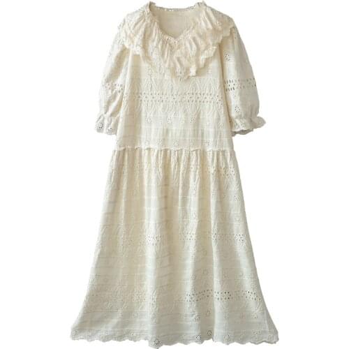 Lamtrip Boutique Hollow Out Embroidery Lace Peter Pan Collar Cotton Short Sleeve Lolita Dress Robe 2021 Summer
