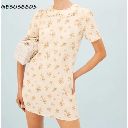 Women dress summer floral dresses vintage short sleeve dresses kawaii mini dress loose peter pan collar dress white black 2021