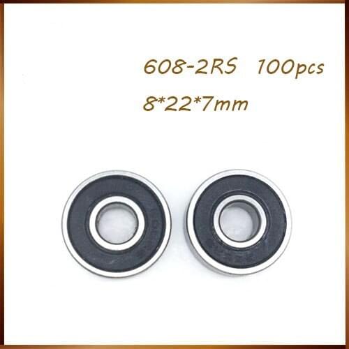 100pcs 608-2RS 608RS 608 2RS ABEC-7 8mm x 22mm x7mm Black Double Rubber Sealing Cover Deep Groove Ball Bearing