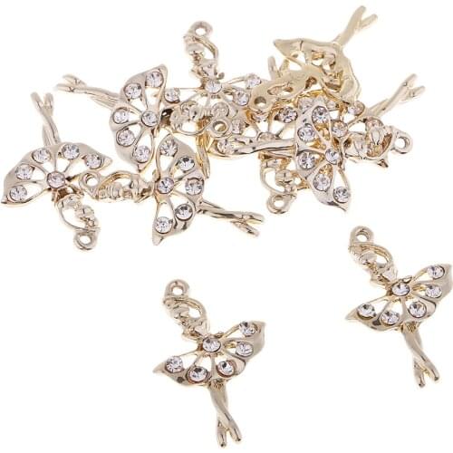 10x Gold Tone Ballet Girl Dancer Charms Rhinestone Pendants Jewelry Findings