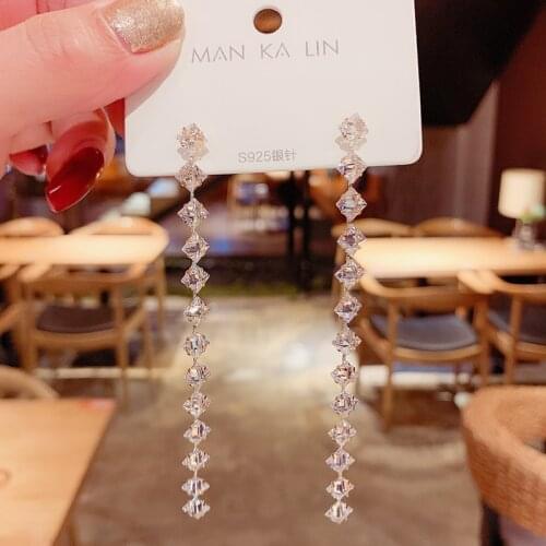 2021 Elegant Female Square Zircon Drop Earrings Charm Bride Wedding Earrings For Women Fashion Silver Color Tassel Long Earrings