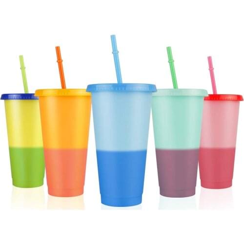 5 pack Magical Plastic Cold Water Color Changing Cup with Straw Set Creative Tumbler Discoloration Changing Reusable Colour Cup
