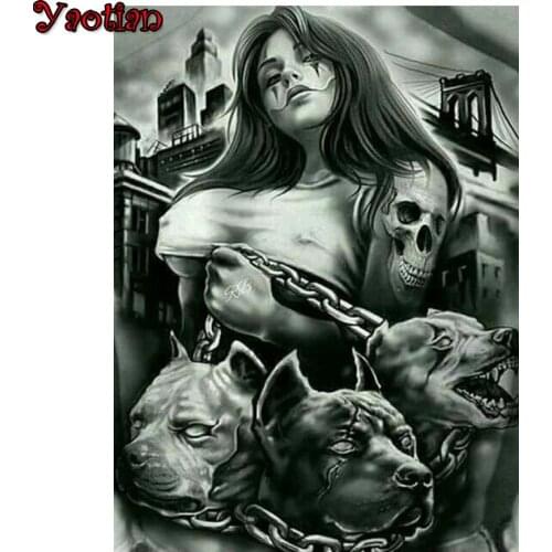 Skull Woman And Dog Diamond Embroidery Full Display DIY Paint With Diamonds Painting Full Square Mosaic Picture Of Rhinestones