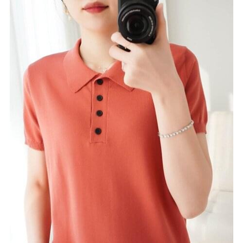 Summer 2021 100% Cotton Lapel Knit Fashion T-shirt Loose Short Womens Age-reducing Half Sleeve Bottoming Shirt