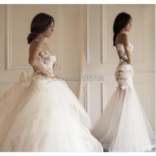 Fashion Mermaid Lace Wedding Dresses See Through Sheer Neck Applique Lace Backless Tulle With Detachable Skirt Wedding Gown