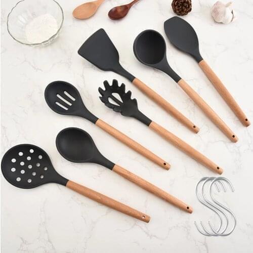 9/10/11/12PCS Black Silicone Utensils Set Kitchen Cooking Tools Set Turner Tongs Spatula Soup Spoon Non-stick Shovel Oil Brush