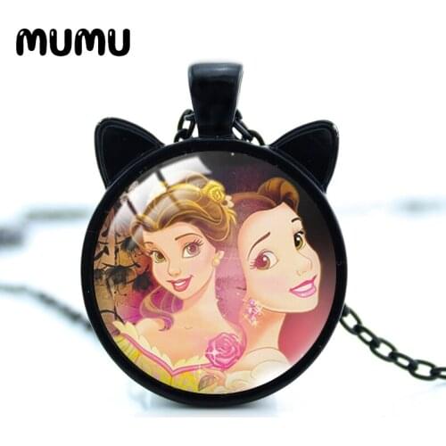 2021 New Beauty and The Beast Cat Ear Necklace Princess Belle Glass Dome Pendant Round Photo Jewelry Gifts Girl