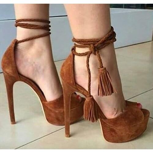 Sexy Summer Platform Peep Toe Woman Sandal Ankle Strap Fringed Lace up High Heel Party Shoes Gladiator Sandal