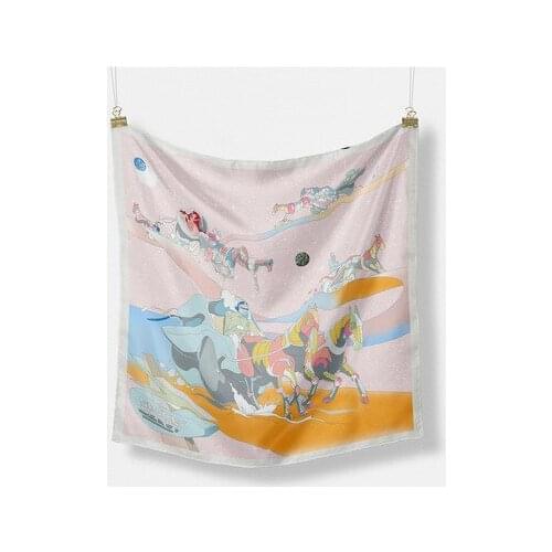 53cm Space Horse Racing Star Lady Square Women 2021 Design Luxury Silk Scarf Bandana Headband Fashion Hijab Neckerchief