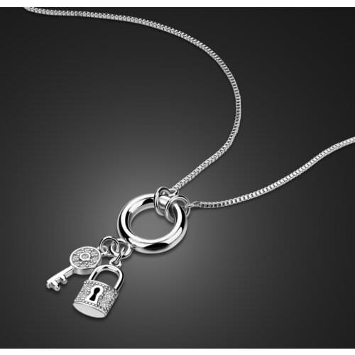 Genuine 100%925 sterling silver lock pendant long necklace women delicate key pendant. Fashion silver jewelry girl & lady gift
