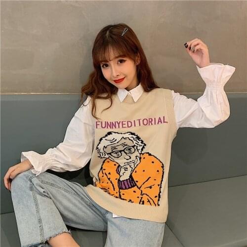 Casual Jumper Women Autumn Winter 2020 Korean Style Vintage Pattern Sleeveless Pullover Knitted Sweater Vest Waistcoat Tops T384