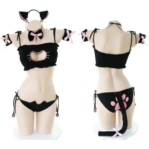 Lovely Neko Cosplay Costume Cute Lolita Cat Collar Pierced bra brief Set Underwear Sexy Lingerie Bell Choker+Top+Pantie+Tail