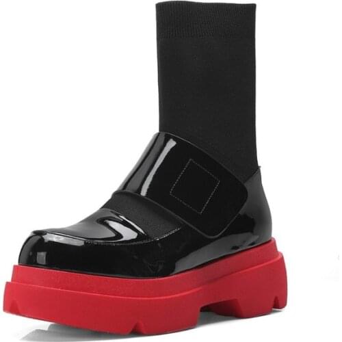 RASMEUP Red Platform Stretch Womens Boots 2020 Genuine Leather Fashion Genuine Leather Boots Autumn Round Toe Ladies Shoes