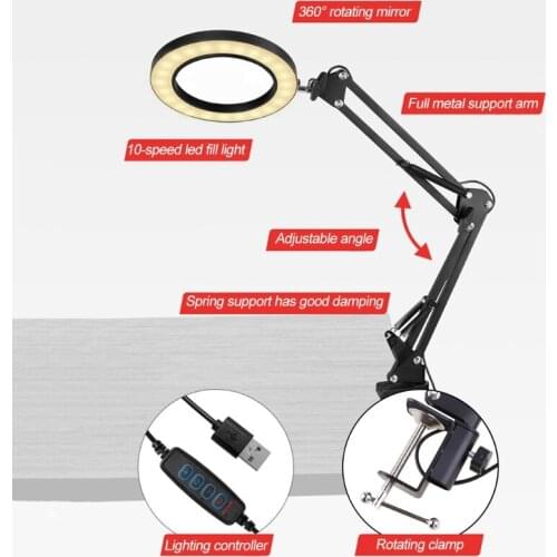 Foldable LED Magnifying Glass Desktop Sewing and Craft Work Cantilever Magnifier Lamp with 1.97" Clamp for Soldering