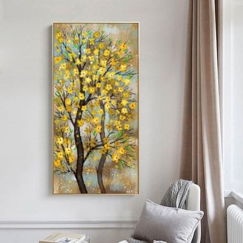 Modern Golden Rich Tree Oil Painting Printed on Canvas Flower Plant Posters and Prints Wall Art Picture for Living Room Decor