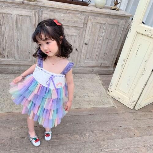 Tonytaobaby Summer New Style Sling Rainbow Yarn Net Girls Dress Fairy Dress