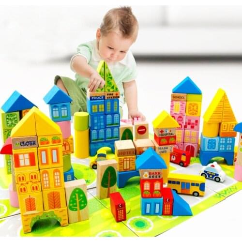 [ Funny ] DIY 100pcs City traffic municipal transportation castle Building Blocks Wooden toy ambulance model baby kids gift toys