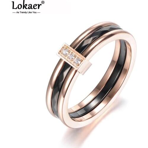 Lokaer Trendy Stainless Steel Pave Setting CZ Crystal Engagement Rings Jewelry Classic Wedding Rings For Women R18001