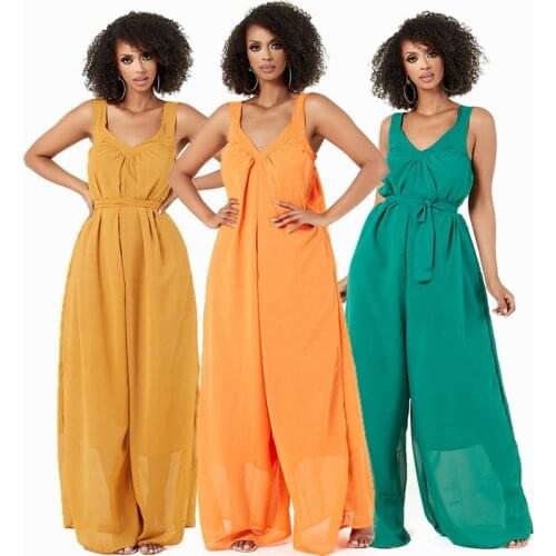 Women Fashion Solid Jumpsuit Seey Deep V Neck Sleeveless Chiffon Long Rompers Casual Wide Leg One Piece Overalls Playsuit