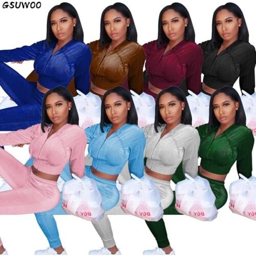 GsuwooCasaul Women Velvet Two Piece Set Solid Long Sleeve Jacket Coat Jogger Sweatpants Outfit Streetwear Matching Set Tracksuit