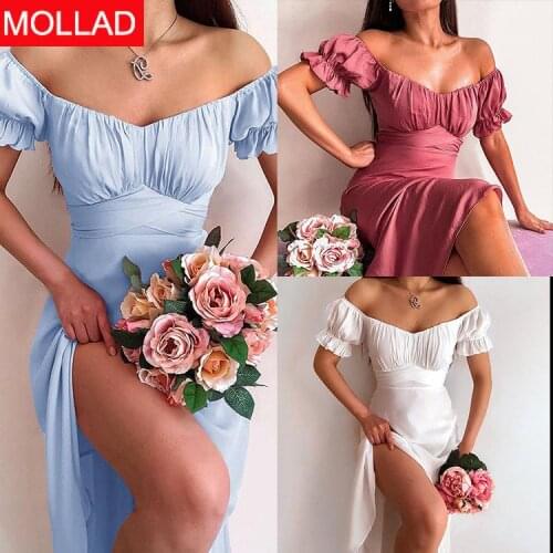 2021 New Summer European and American Elegant Sexy Solid Color Off-Neck Tube Top High Fork Dress