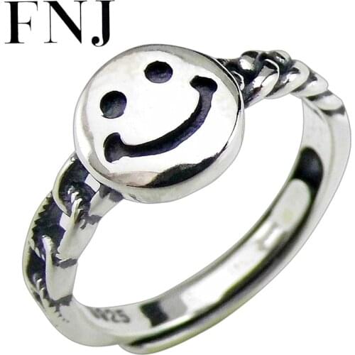 FNJ Smile Face Rings 925 Silver Adjustable Size Open Popular S925 Solid Silver Ring for Women Jewelry Fine Romantic