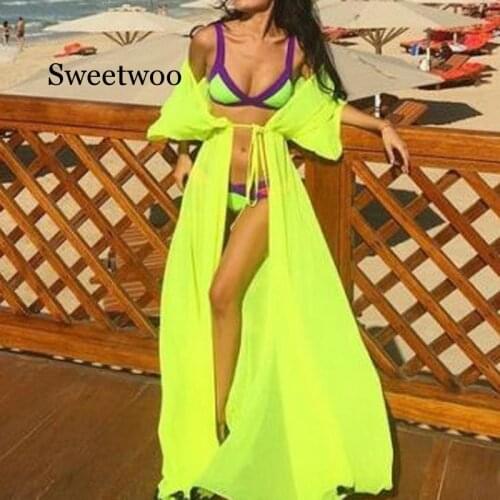 2020 Long bikini Beach Cover Up summer women Swimwear Cardigan Bathing Swim suit Cover Up Sexy See-through Beach Dress