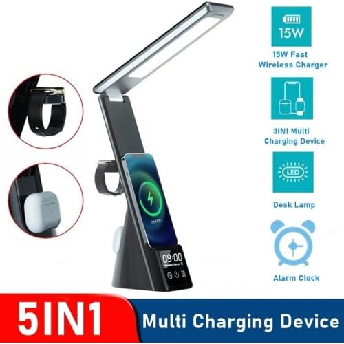 5 IN 1 Wireless Charger Alarm Clock Table Lamp Stand for IPhone 12 11 Pro Max 10W Fast Charging Station for Apple Watch AirPods