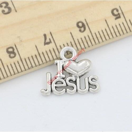 50pcs Antique Silver Plated I Love Jesus Charms Beads Pendants for Jewelry Making DIY Handmade 13x16mm