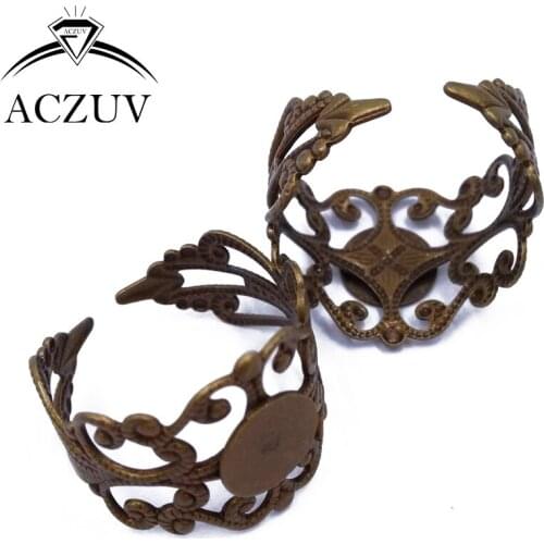 Antique Bronze 100pcs 8mm Glue Pad Cabochon Settings Filigree Adjustable Ring Blank Bezel Ring Base Jewelry Findings FRSB002