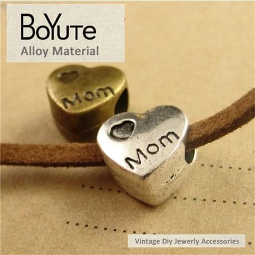 BoYuTe (60 Pieces/Lot) 12*12MM Antique Bronze Silver Plated Zinc Alloy Heart Mom Beads for Jewelry Making Diy Necklace Bracelets