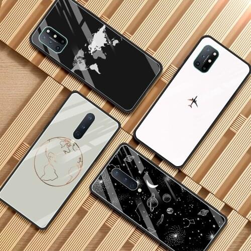Glass Case For Oneplus 9R 9 8 7T 7 Pro 8T 8 Nord Z Bumper Fundas Black Frame Tempered Caso Luxury Popular Planes Map Designs