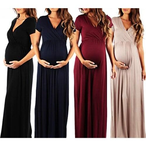 Pregnant Long Dress Women Casual Short Sleeve V Neck Evening Party Long Maxi Maternal Pregnancy Dresses