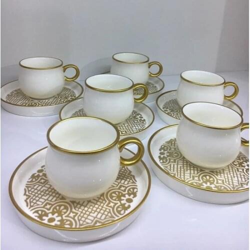 Gold Engraved Porcelain Set of 6 Turkish Coffee Cups