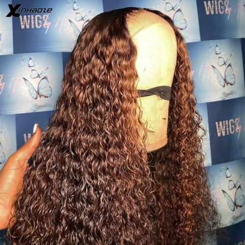 Highlight Brown #30 Kinky Curly Deep Part Lace Front Human Hair Wigs Brazilian Remy 5*5'' Silk Base Lace Frontal Wig For Women