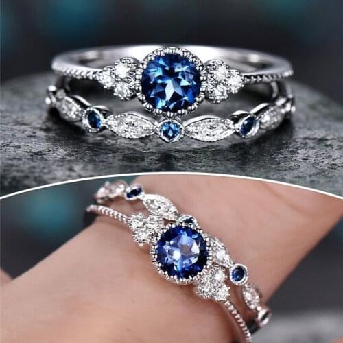 2Pcs/Set Rings Green Blue Stone Crystal Rings For Women Wedding Engagement fashion Jewelry Rings Accessories 2021 New