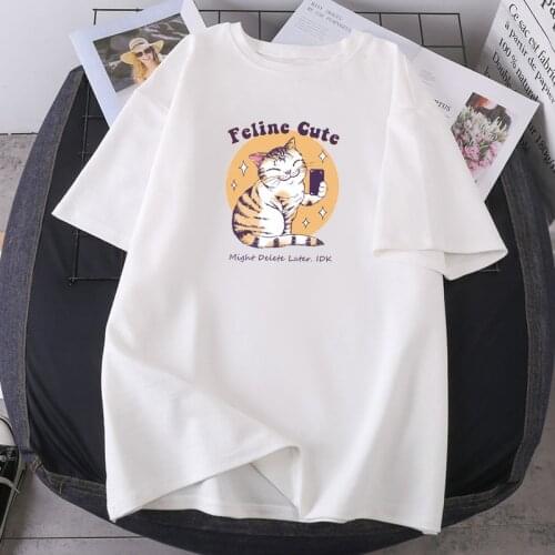 Feline Cute Cats T-shirts Woman Summer O-neck Tees Tops High Quality Oversize Camisetas Streetwear Hip Hop 2021 New Lady Clothes