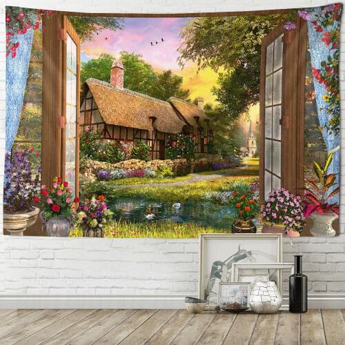 Beautiful city garden, psychedelic red flower stone wall tapestry, Bohemian mandala tapestry, wall hanging, royal blue, wall 3D