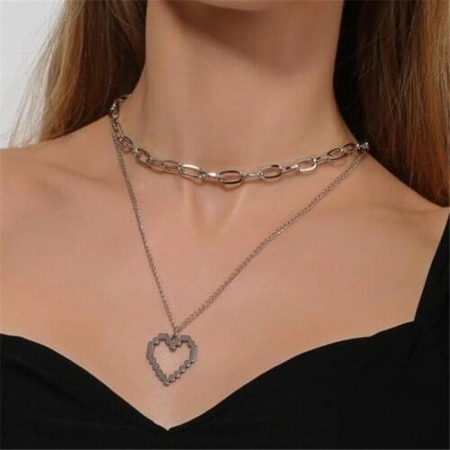 Creative Double Silver Color Pendant Necklace Hip Hop Hollow Out Heart Shaped Clavicle Chain Necklace Fashion Party Jewelry