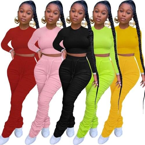 Fitness Stacked Leggings Tracksuit Women Lounge wear Long Sleeve Crop Top with Sweatpants Two Piece Set Outfits Jogging Femme
