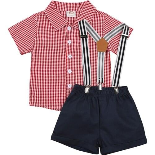 Summer Toddler Boys Clothes Set Plaid Short Sleeve Shirt + Suspenders Short Gentleman Style 2 Pcs Outfits Children Clothing Set
