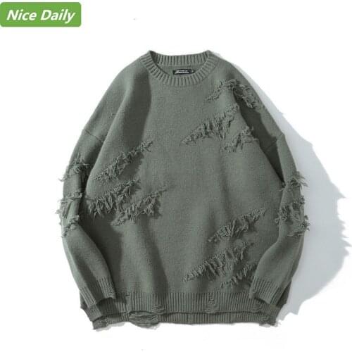 NiceDaily Autumn Winter Mens Knitted Sweater High Street Horror Hole Round Neck Solid Color Black Gray Pullover Couple Coats