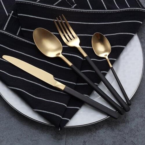 4PCS Top Quality Black Gold Cutlery Set 18/10 Stainless Steel Knives Forks Tablespoons Metal Dinnerware Western Tableware Set