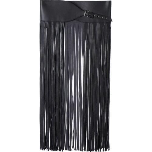 Sexy PU Leather Long Tassel Brief Skirt Punk Gypsy Style Buckles Leather Waist Belt Adjustable Waistband Tassel Dress Skirt Belt